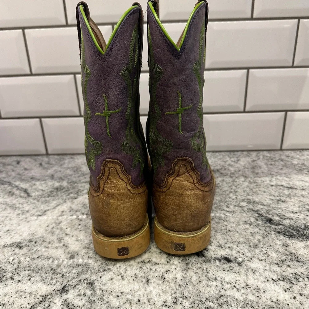 Twisted X Kids 3.5 M Cowboy Boots Brown Purple Green Square Toe Western YHY0004